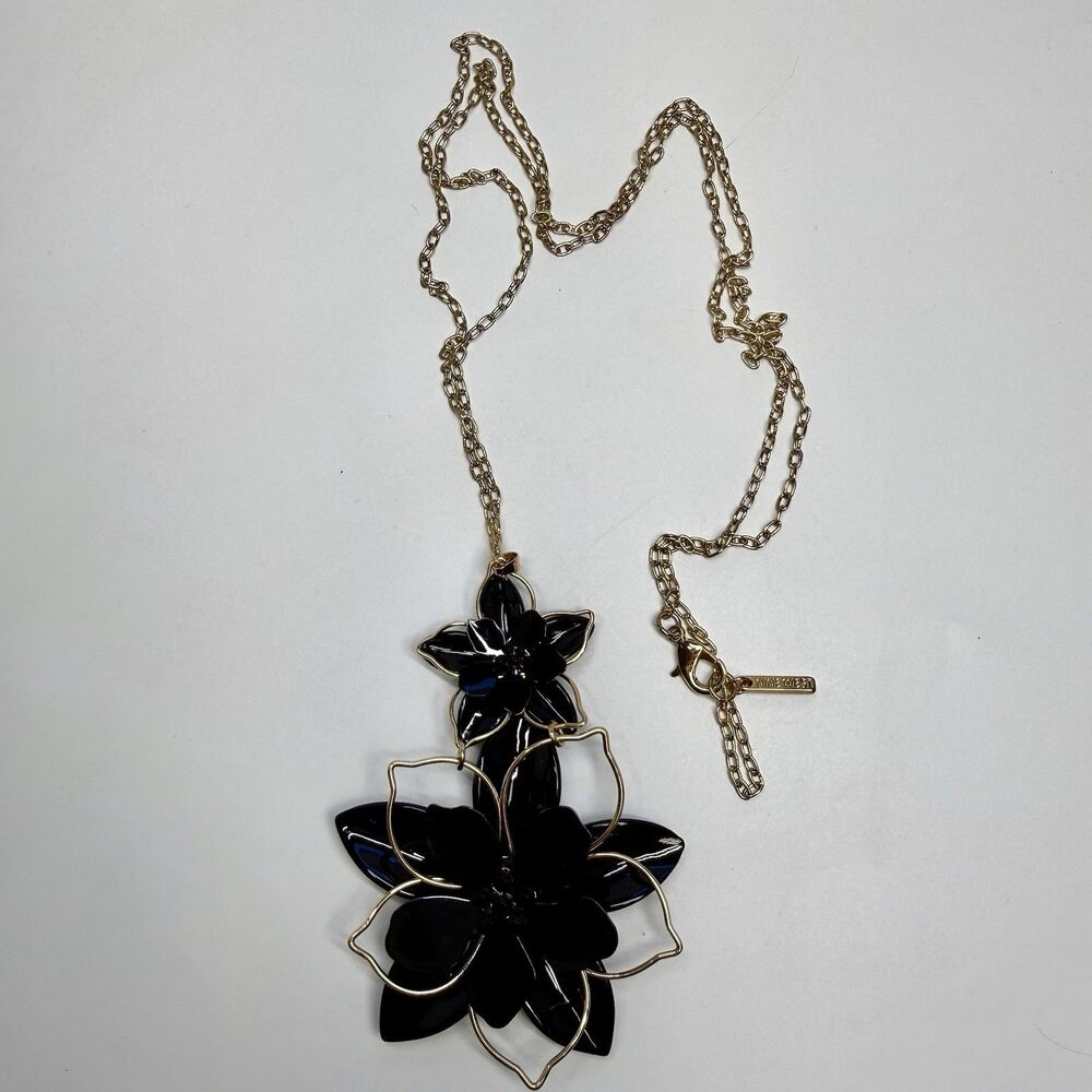 Nine West Black Double Drop Flower Pendant Gold Tone Long Statement Necklace